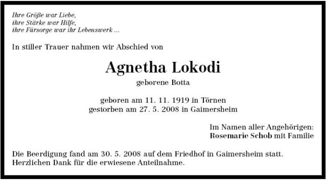 Botta Agnetha 1919-2008 Todesanzeige